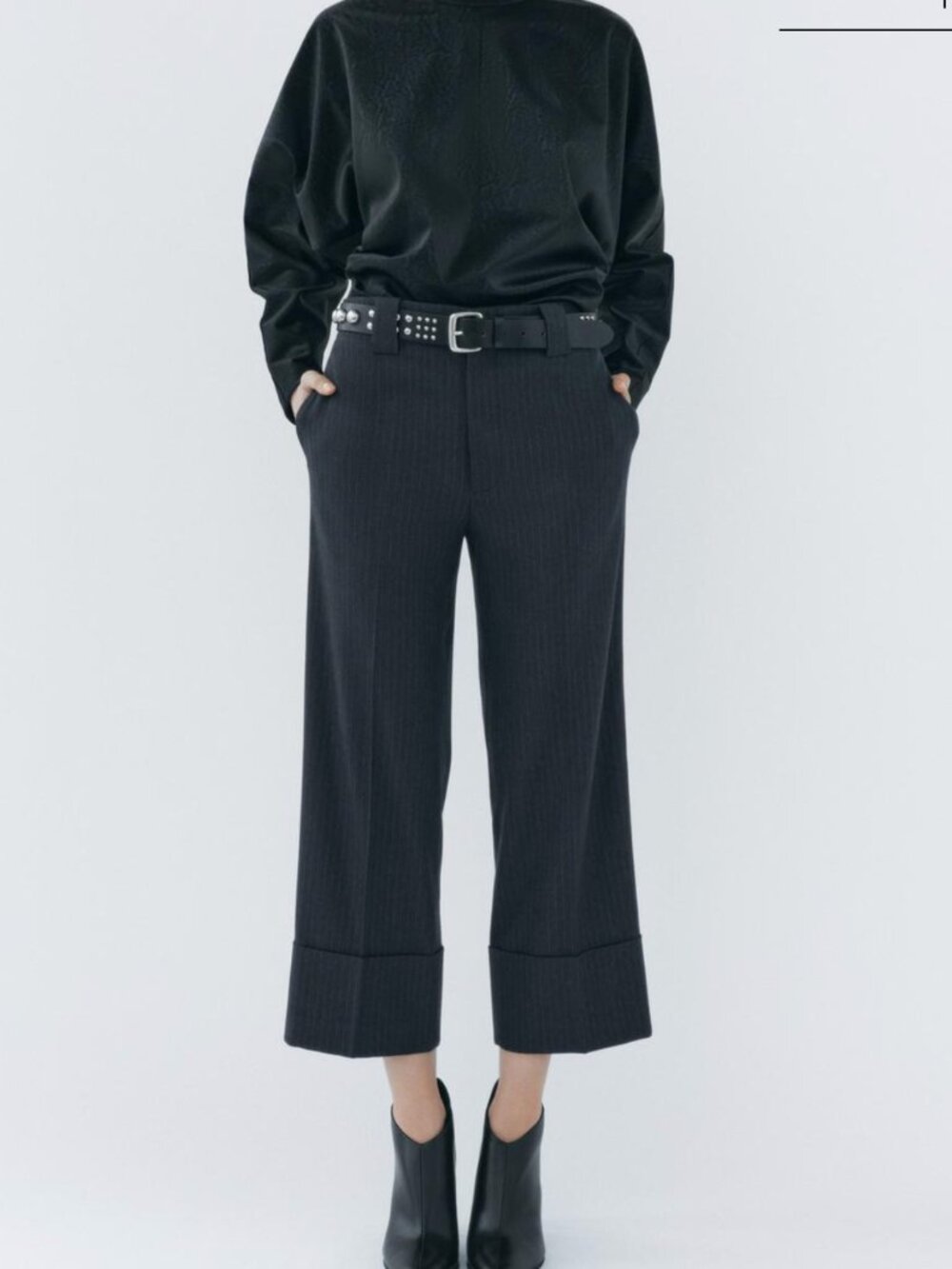 Zara Wide Leg Pinstripe Crop Trouser XS Navy